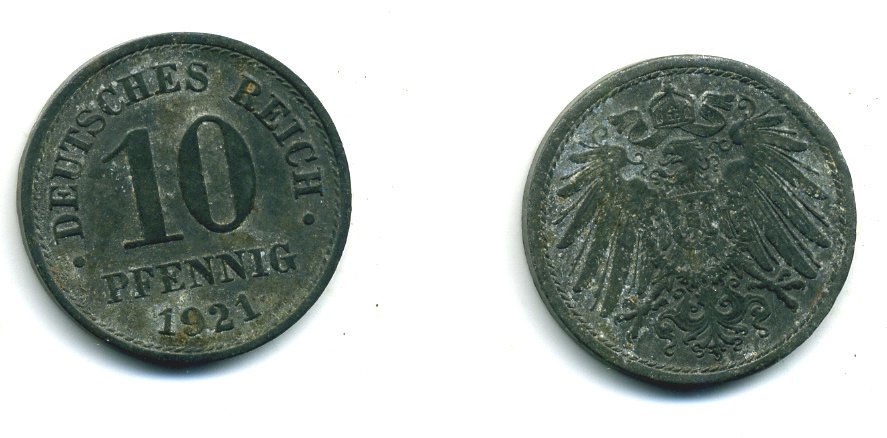 ГЕРМАНИЯ 10 ПФЕННИГОВ 1921 KM 26, J. 299 цинк 54-521