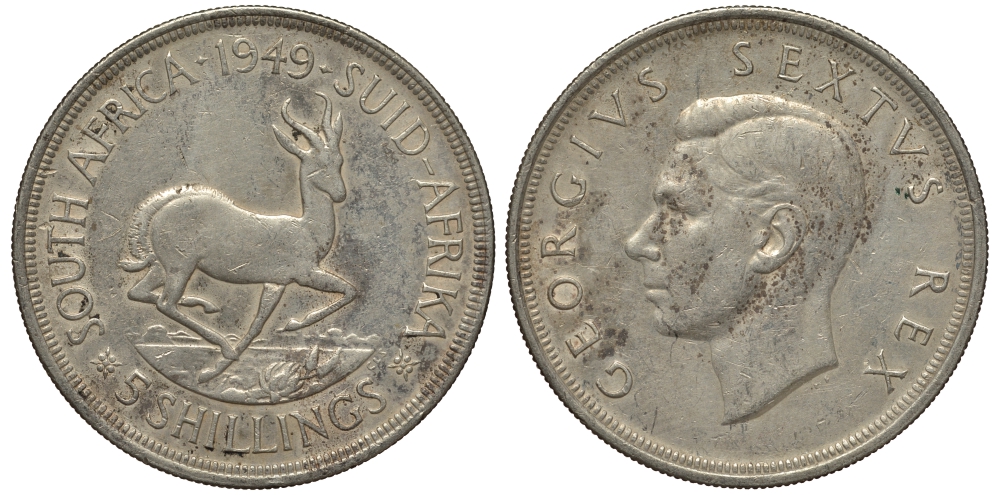 ЮАР 5 шиллингов 1949 Георг VI (1936-1952), антилопа KM 40.1 серебро 650-342