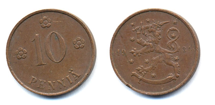 Финляндия 10 пенни 1934 республика (1918-1962) KM 24 медь 51-5355