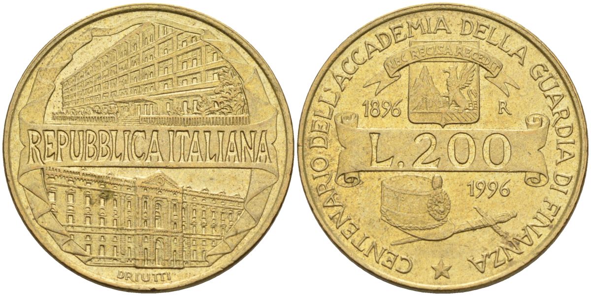 Италия 200 лир 1996 R, 100 лет Академии таможенной службы KM 184 алюминиевая бронза 4126-125