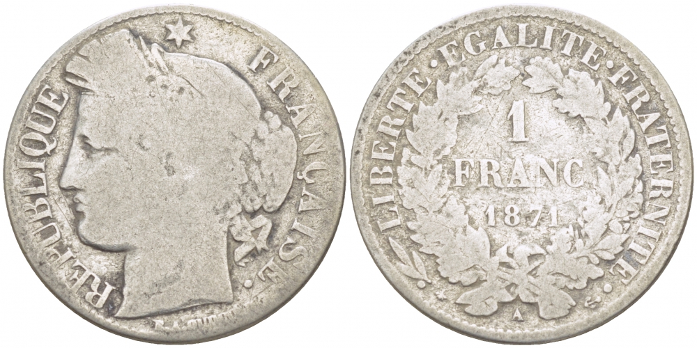 Франция 1 франк 1871 A KM 822.1 серебро  00-00