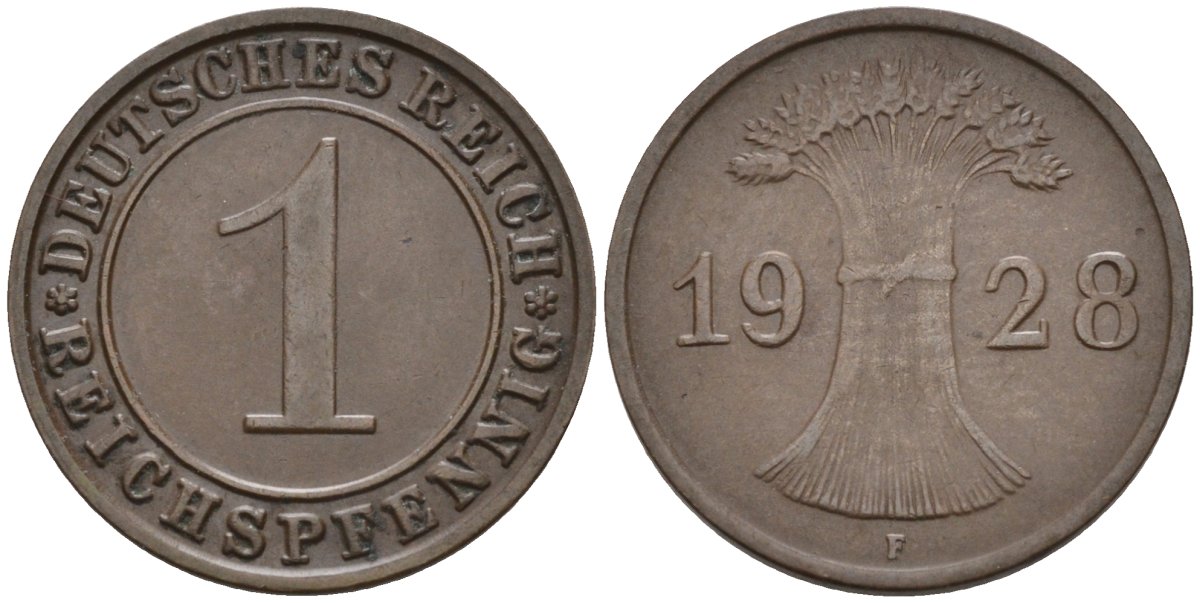 Германия 1 рейхспфенниг 1928 F KM 37, J.313, Weege 2 медь 4585-567