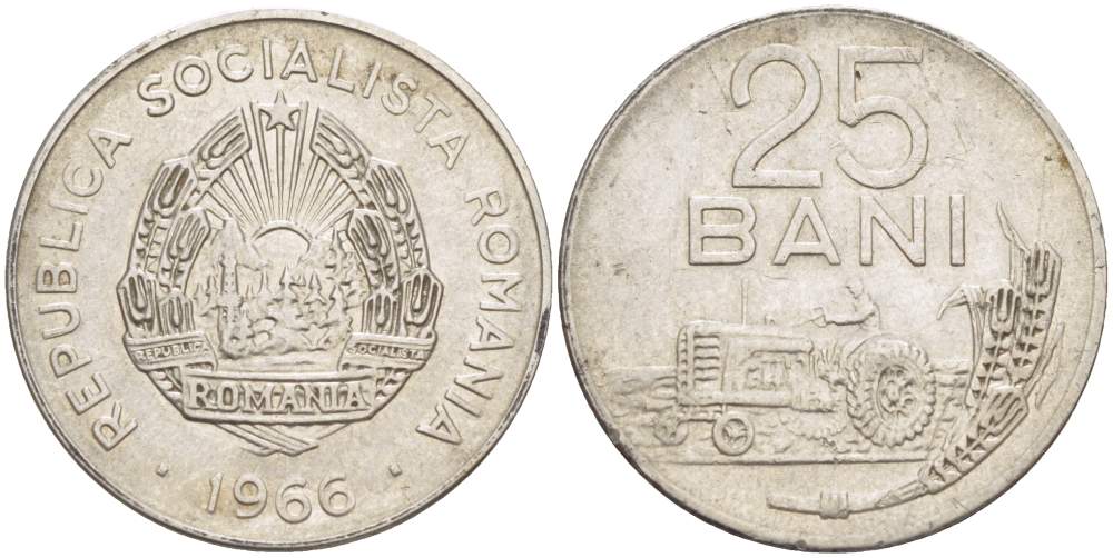 Румыния 25 бани 1966 трактор KM 94 сталь плакированная никелем 4523-953