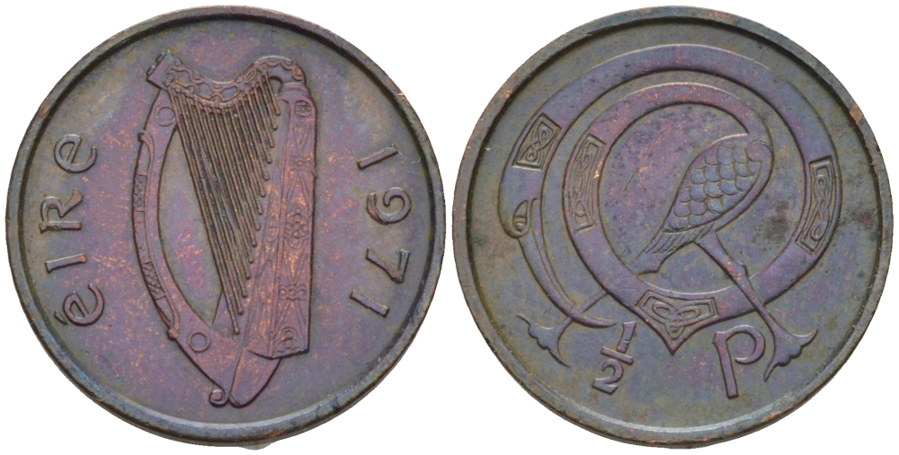 ИРЛАНДИЯ 1/2 ПЕННИ 1971 ПТИЧКА KM 19 бронза 66-368