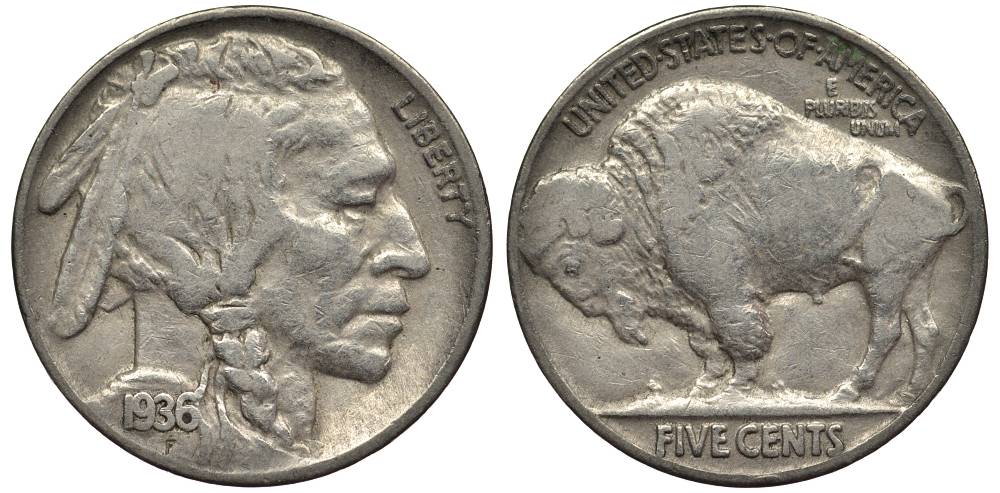 США 5 ЦЕНТОВ 1936 ИНДЕЕЦ, БИЗОН KM 134 медно-никель 27-647