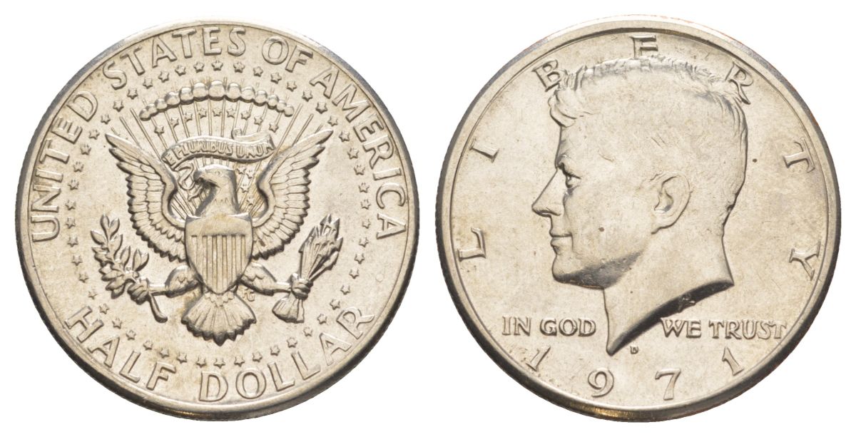 США 1/2 доллара (50 центов) 1971 D, Джон Кеннеди KM 202b медь плакированная медно-никелем aUNC 114-1043