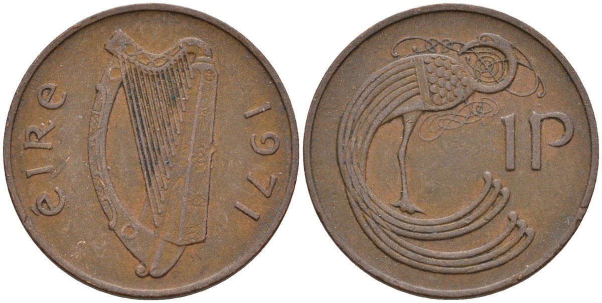 Ирландия 1 пенни 1971 мифологическая птица лира KM 20 бронза 4146-417
