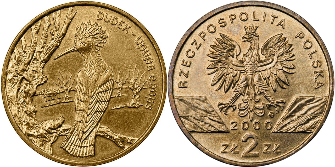 Польша 2 злотых 2000 MW, серия сохраним природу, удод KM 388 нордик  UNC 4521-825