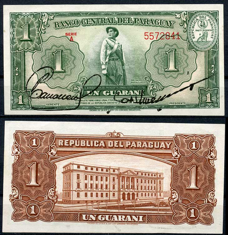 Парагвай 1 гуарани 1952 солдат, здание Банка Парагвая, Асунсьон, серия A, большая подпись Pick 185 a (1)  бумага  aUNC 451-690-2