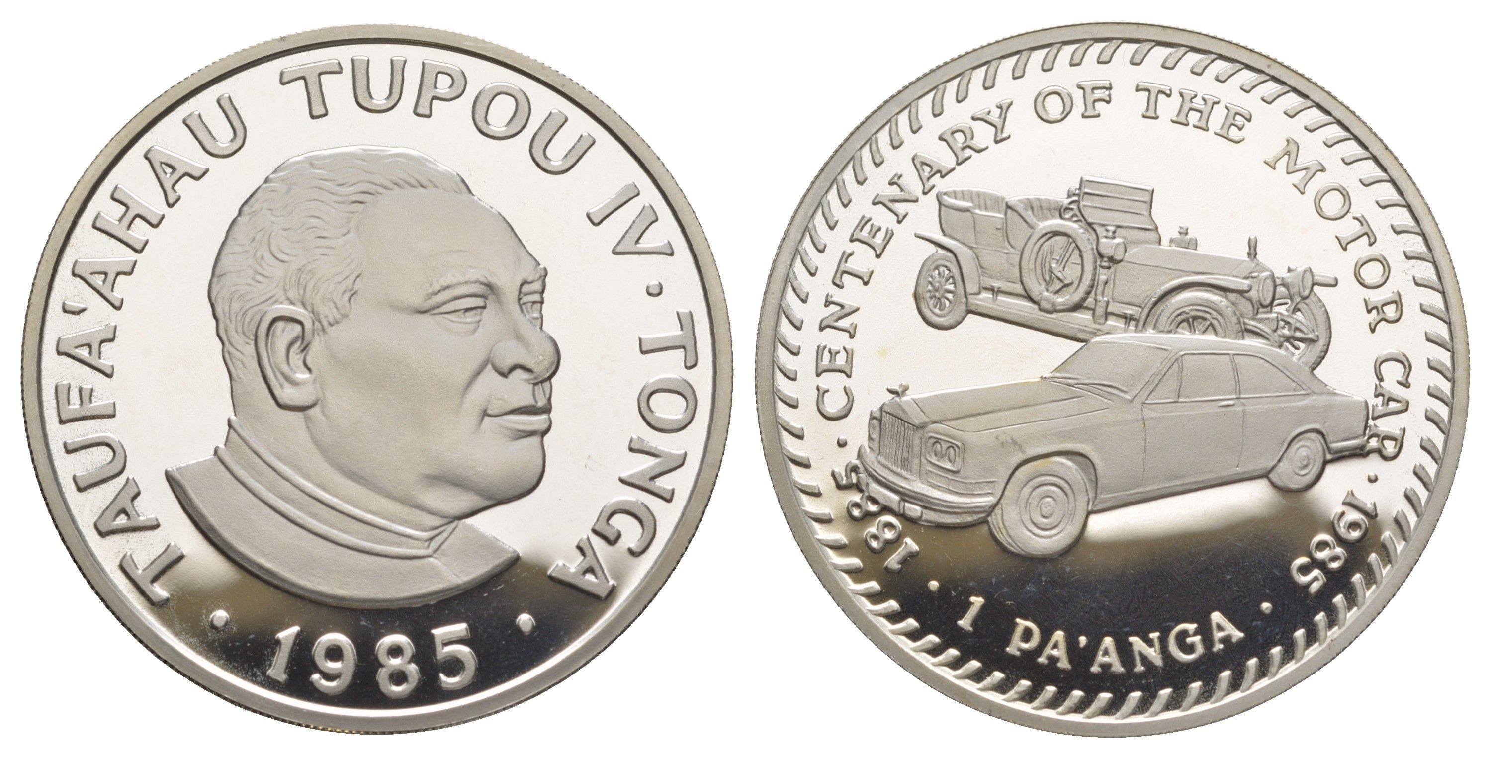 Тонга 1 паанга 1985 100 лет автоиндустрии, MGB GT и MG TA KM 89a серебро PROOF 1091-8-23
