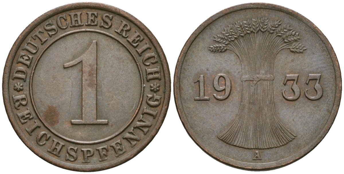 Германия 1 рейхспфенниг 1933 A KM 37, J. 313 бронза 4189-1221
