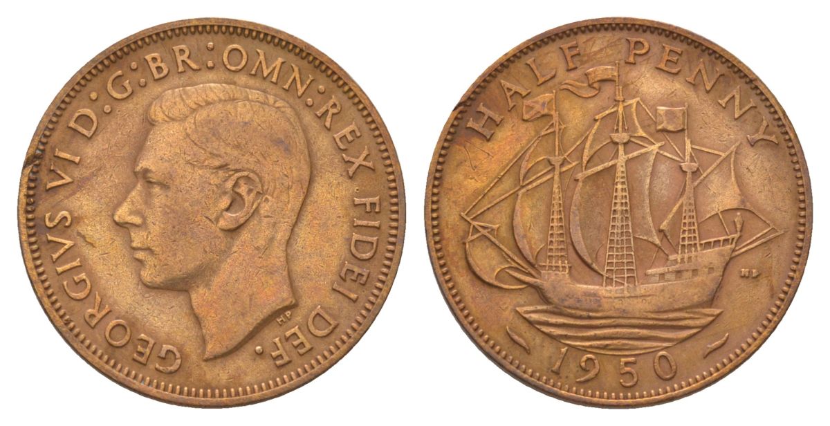 Великобритания 1/2 пенни 1950 Георг VI (1936-1952) KM 868, Spink 4118 бронза 4628-753
