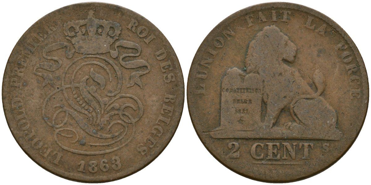 Бельгия 2 сантима 1863 Belges KM 4.2 медь 4135-942