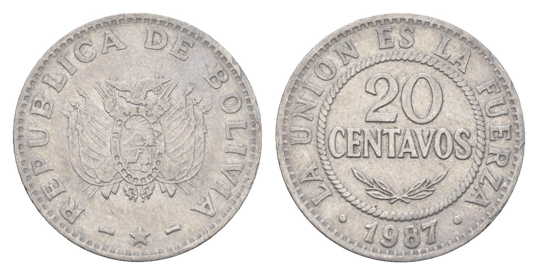 Боливия 20 сентаво 1987 KM 203 нержавеющая сталь 4663-333