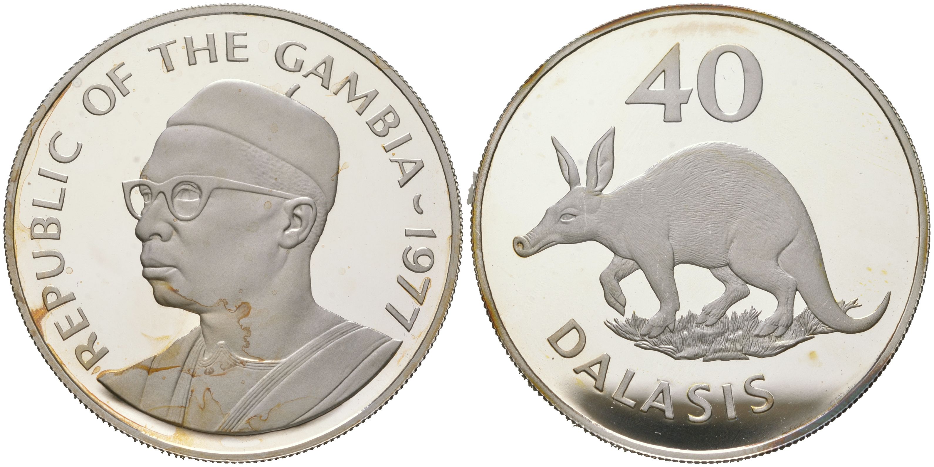 Гамбия 40 даласи 1977 Защита дикой природы - Трубкозуб KM 18a серебро PROOF 11-315-15