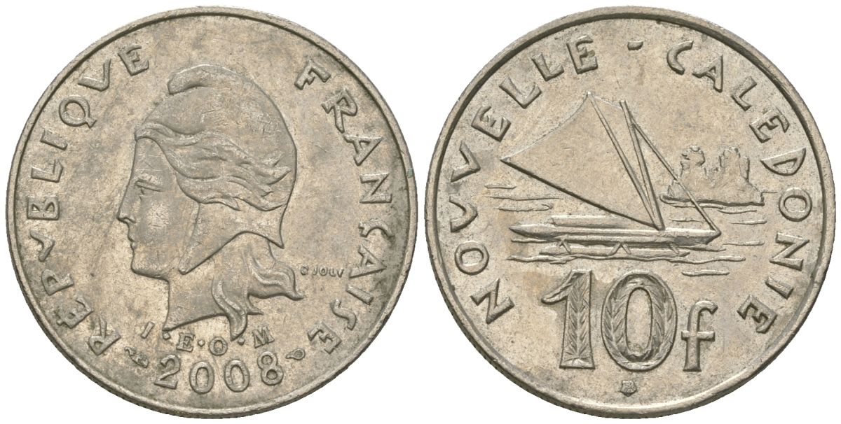 Французская Новая Каледония 10 франков 2008 рыбачья парусная лодка, (IEOM) KM 11a, Schoen 13a, Lec 99k медно-никель 60-336