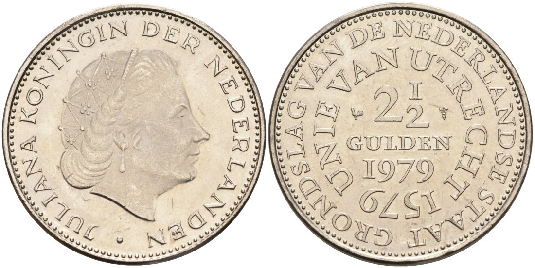 Нидерланды 2 1/2 гульдена 1979 400 лет Утрехтскому союзу, Юлиана (1949-1980) KM 197 никель 4565-721