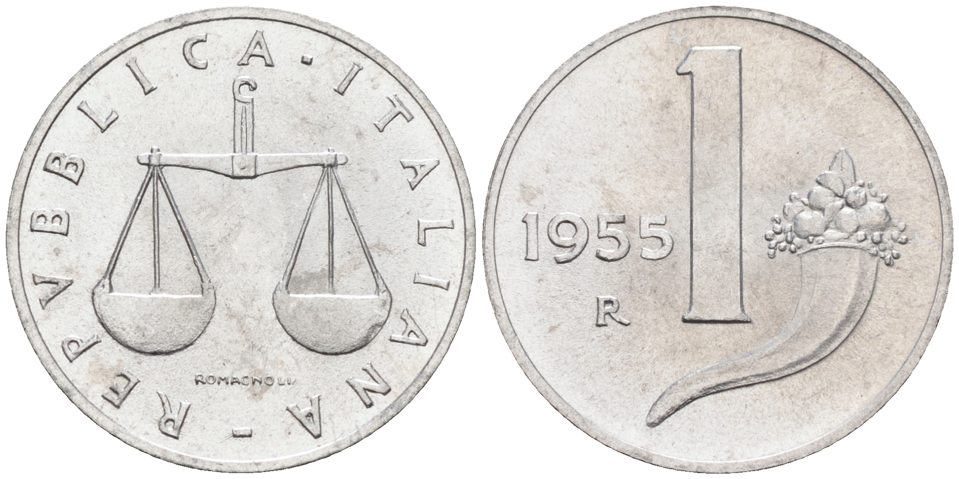 Италия 1 лира 1955 R, весы KM 91 алюминий  UNC  4594-758