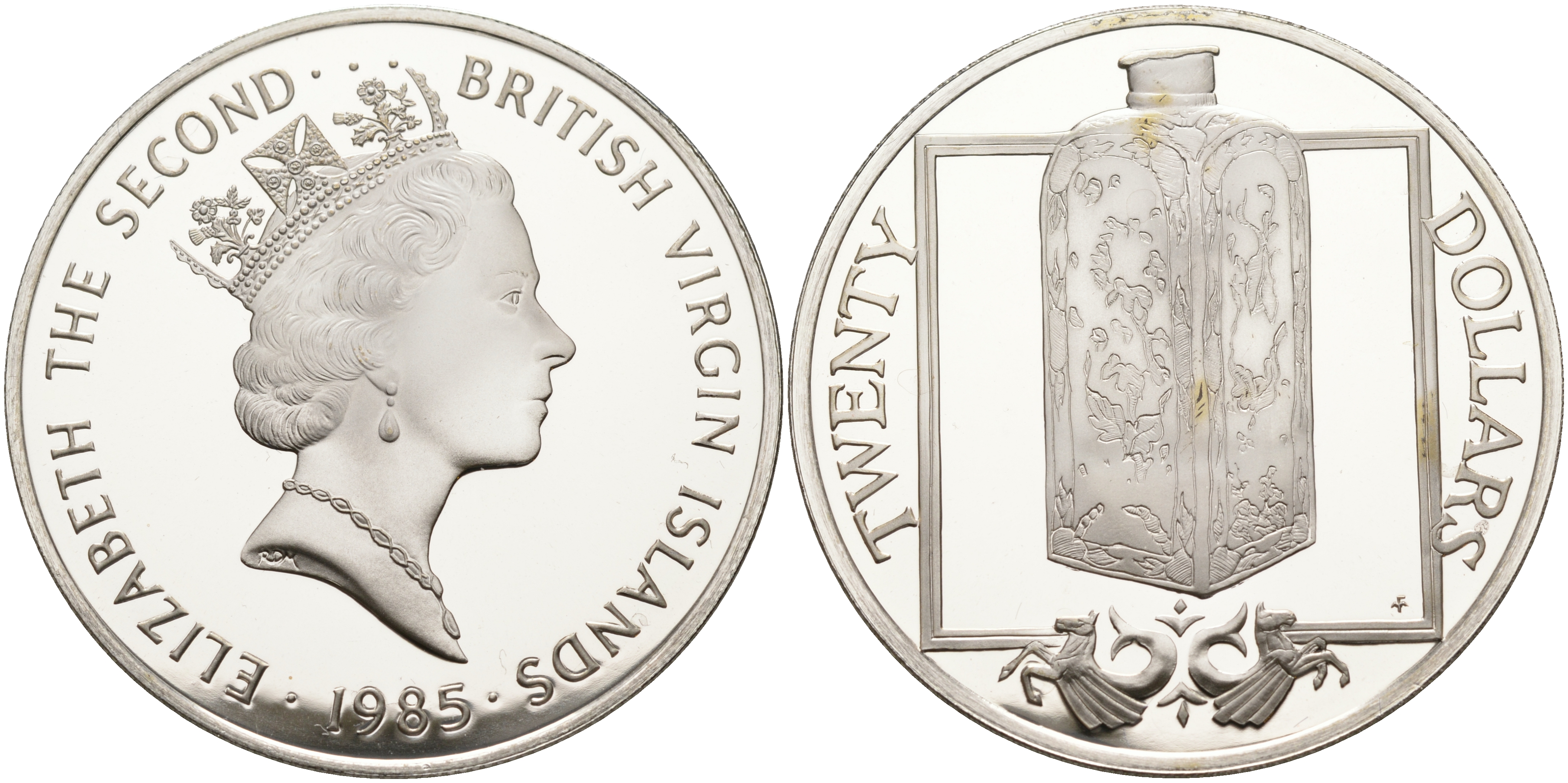 Британские Виргинские острова 20 долларов 1985 фарфоровая бутылка KM 64 серебро  PROOF  1095-2-14