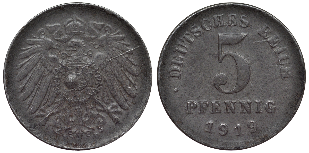 Германия 5 пфеннигов 1919 D KM 19, J. 297, Weege 5 железо 4118-1242
