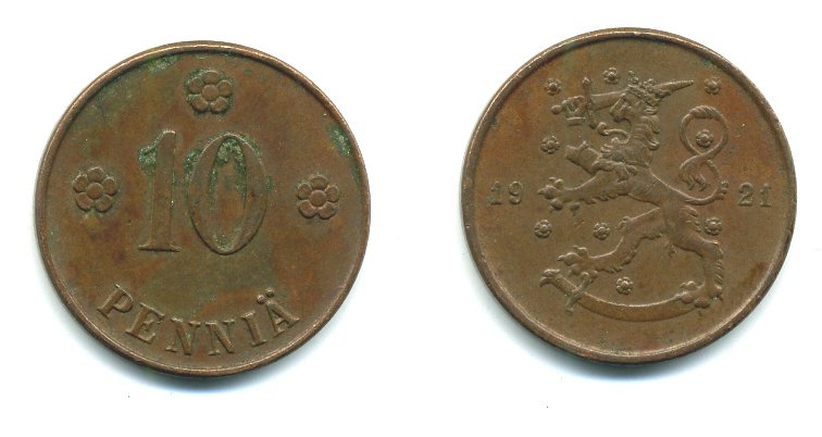 Финляндия 10 пенни 1921 республика (1918-1962) KM 24 медь 29-541