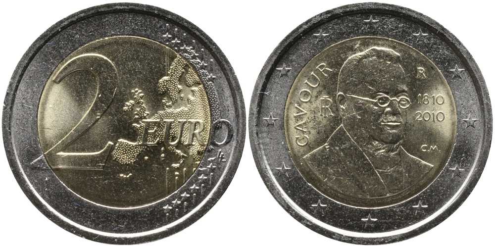 Италия 2 евро 2010 200 лет со дня рождения Камилло Бенсо Кавура KM 328 биметалл UNC 115-1136