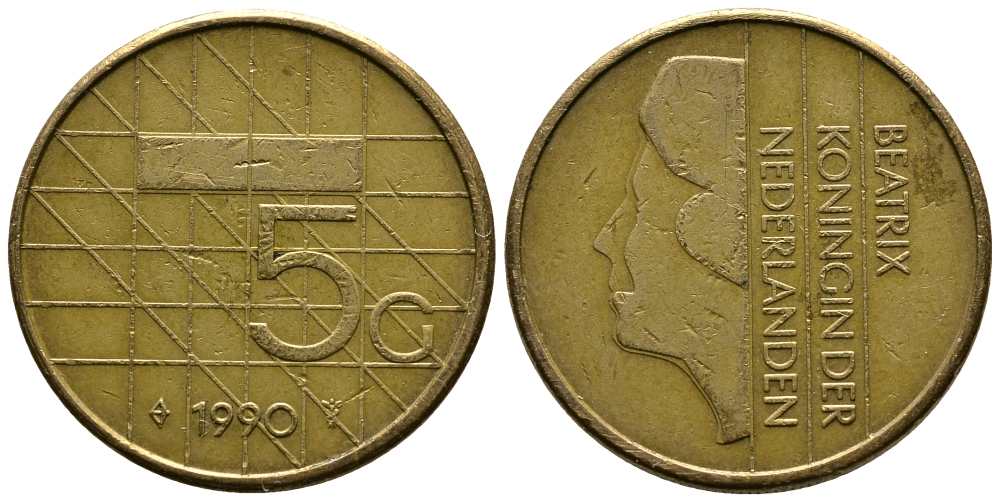 НИДЕРЛАНДЫ 5 ГУЛЬДЕНОВ 1990 БЕАТРИКС KM 210 никель плакированный бронзой 73-1636