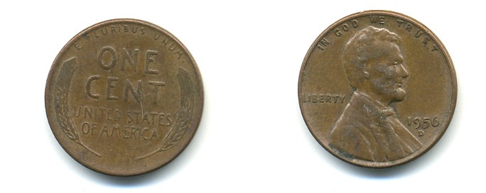 США 1 ЦЕНТ 1956 D ЛИНКОЛЬН KM A132 медь цинк 76-535