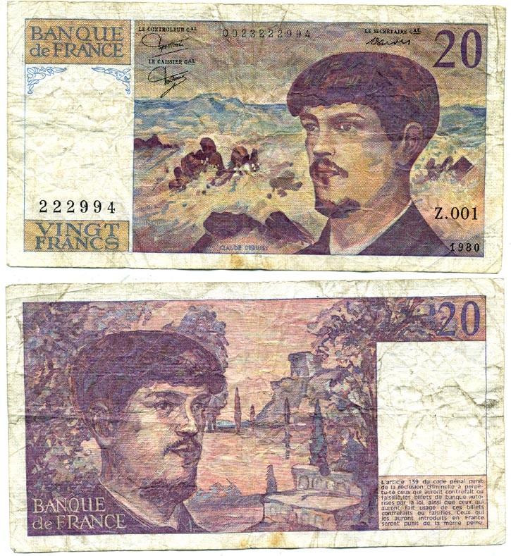 ФРАНЦИЯ 20 ФРАНКОВ 1980 Pick 151a бумага 444-137-1