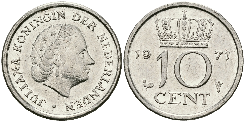 Нидерланды 10 центов 1971 Юлиана (1948-1980) KM 182 никель 96-418