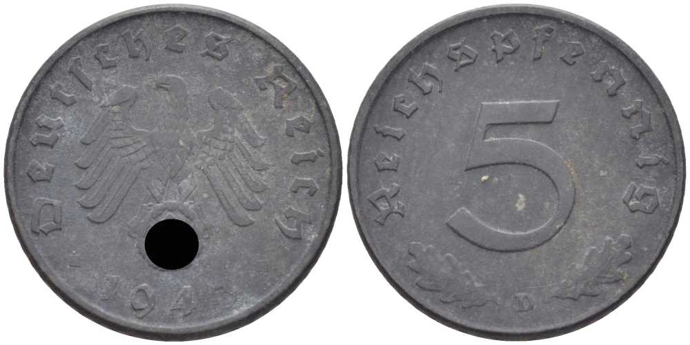 ГЕРМАНИЯ 5 РЕЙХСПФЕННИГОВ 1943 D KM 100, J. 370 цинк 105-266