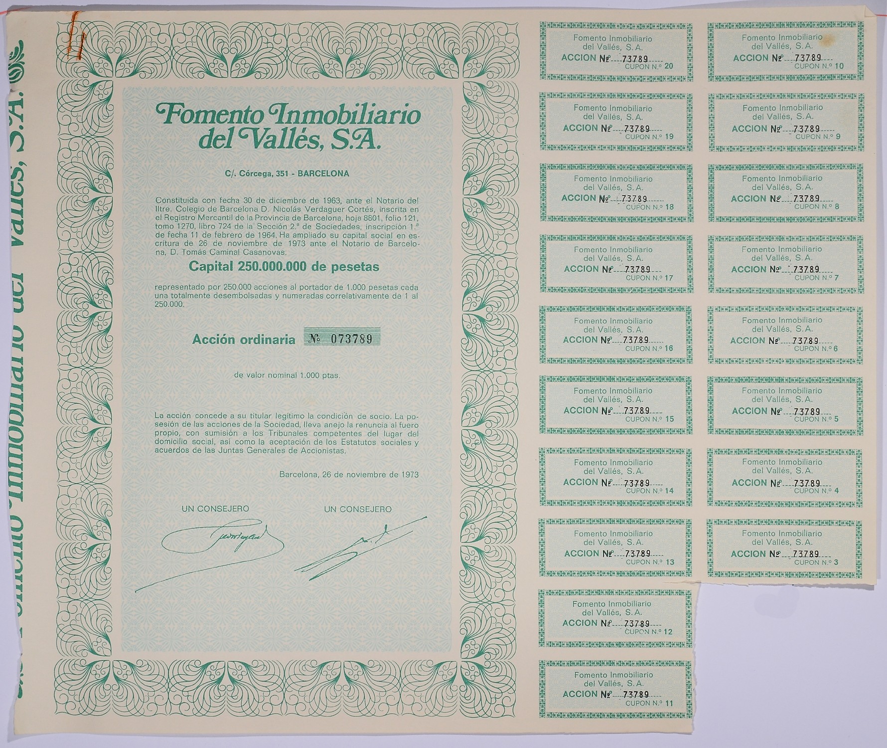 Испания акция на 1000 песет 1973 Fomento Inmobiliario del Valles, S.A., Барселона 1973, с купонами бумага 5548-35-1-2