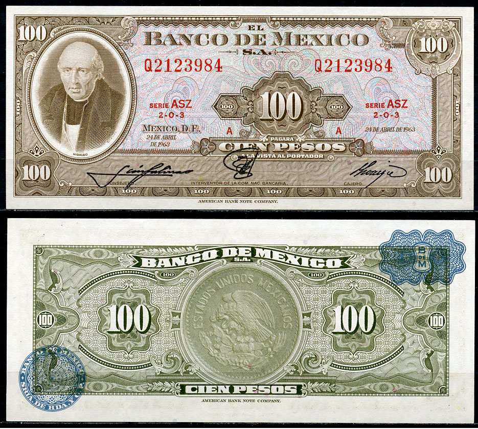 Мексика 100 песо 1963 Мигель Идальго-и-Костилья, серия ASZ Pick 61 b  бумага  UNC (пресс) 8615-7-1-2