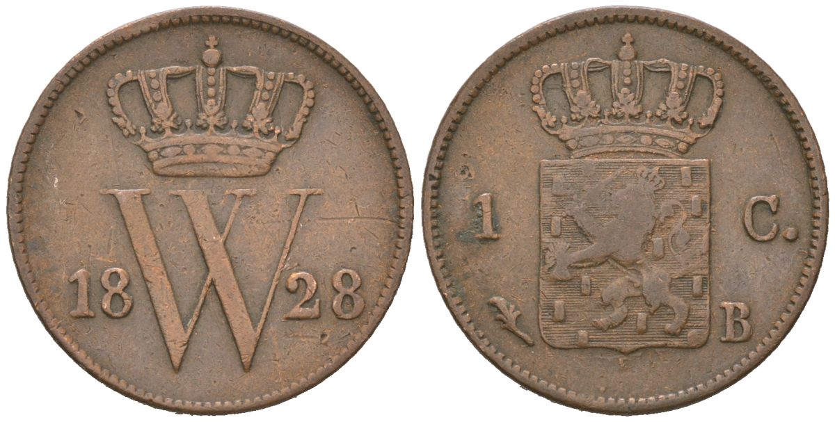 Нидерланды 1 цент 1828 B, Виллем I (1815-1840) KM 47 медь 4181-926