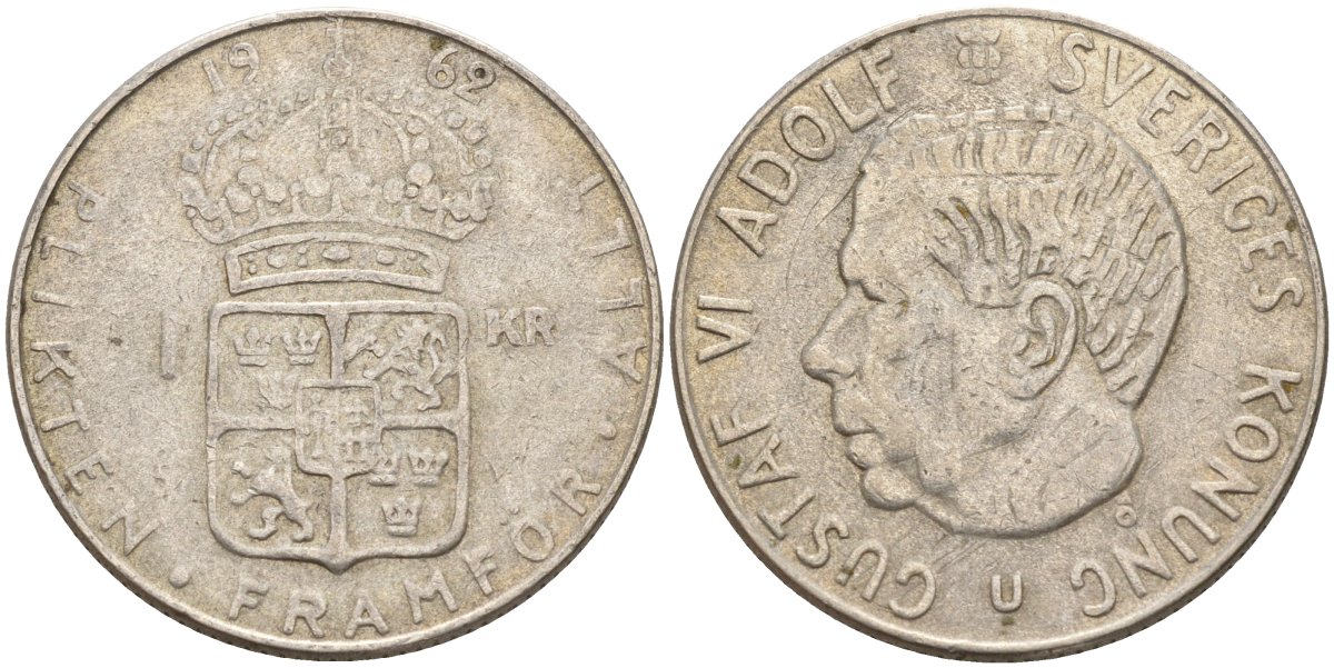 Швеция 1 крона 1962 U, Густав VI Адольф (1950-1973) KM 826 серебро 4150-124