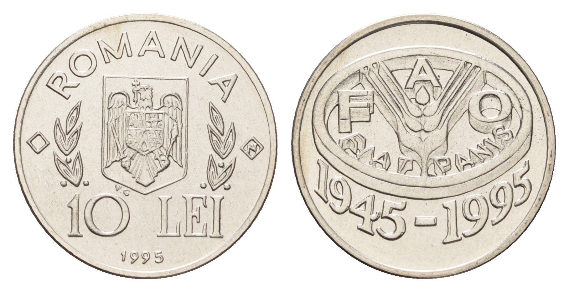 Румыния 10 леев 1995 N, 50 лет продовольственной программе - ФАО KM 117 сталь плакировнная никелем BU 11-264-22