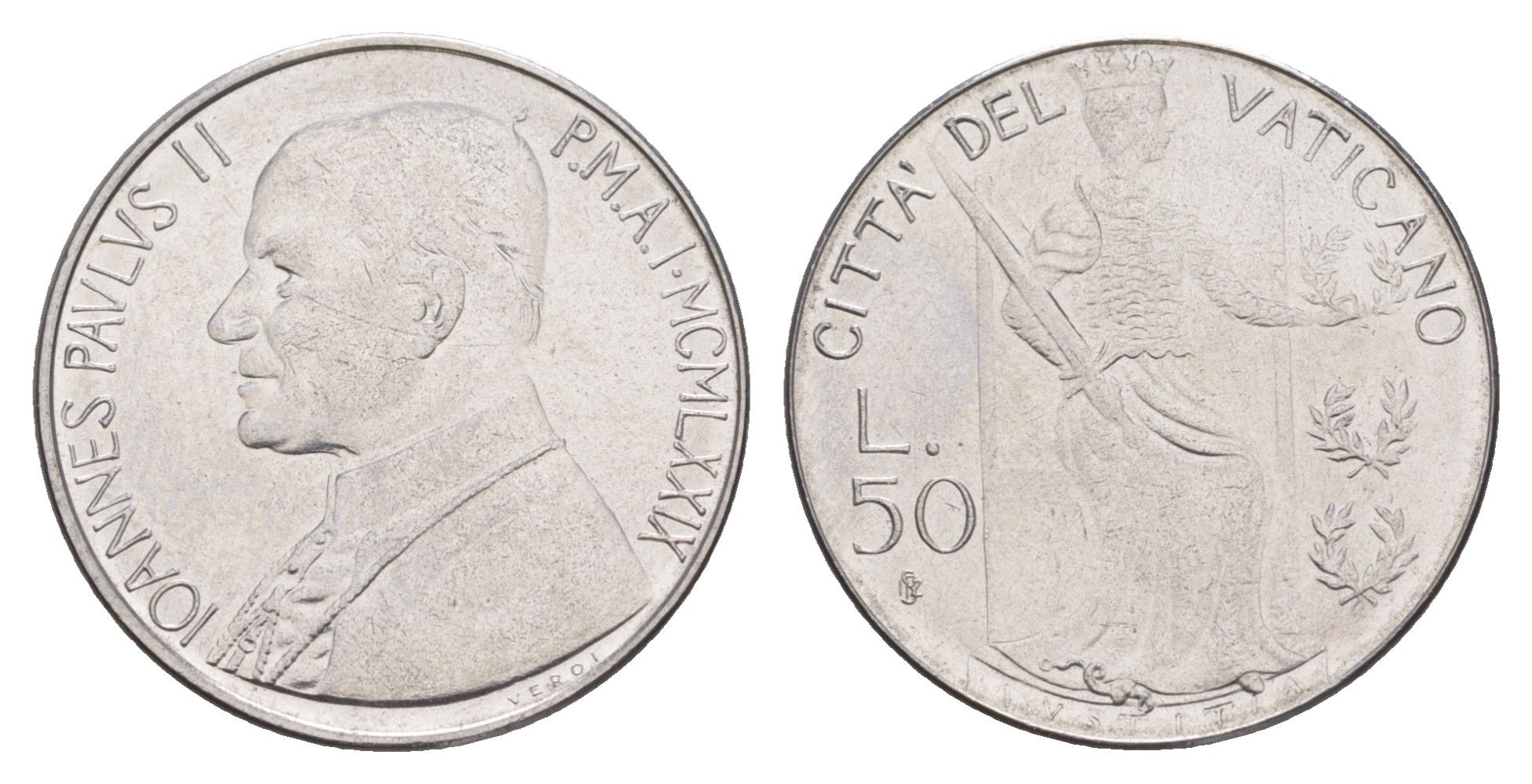 Ватикан 50 лир 1979 MCMLXXIX, Иоанн Павел II KM 145 нержавеющая сталь UNC 4648-131