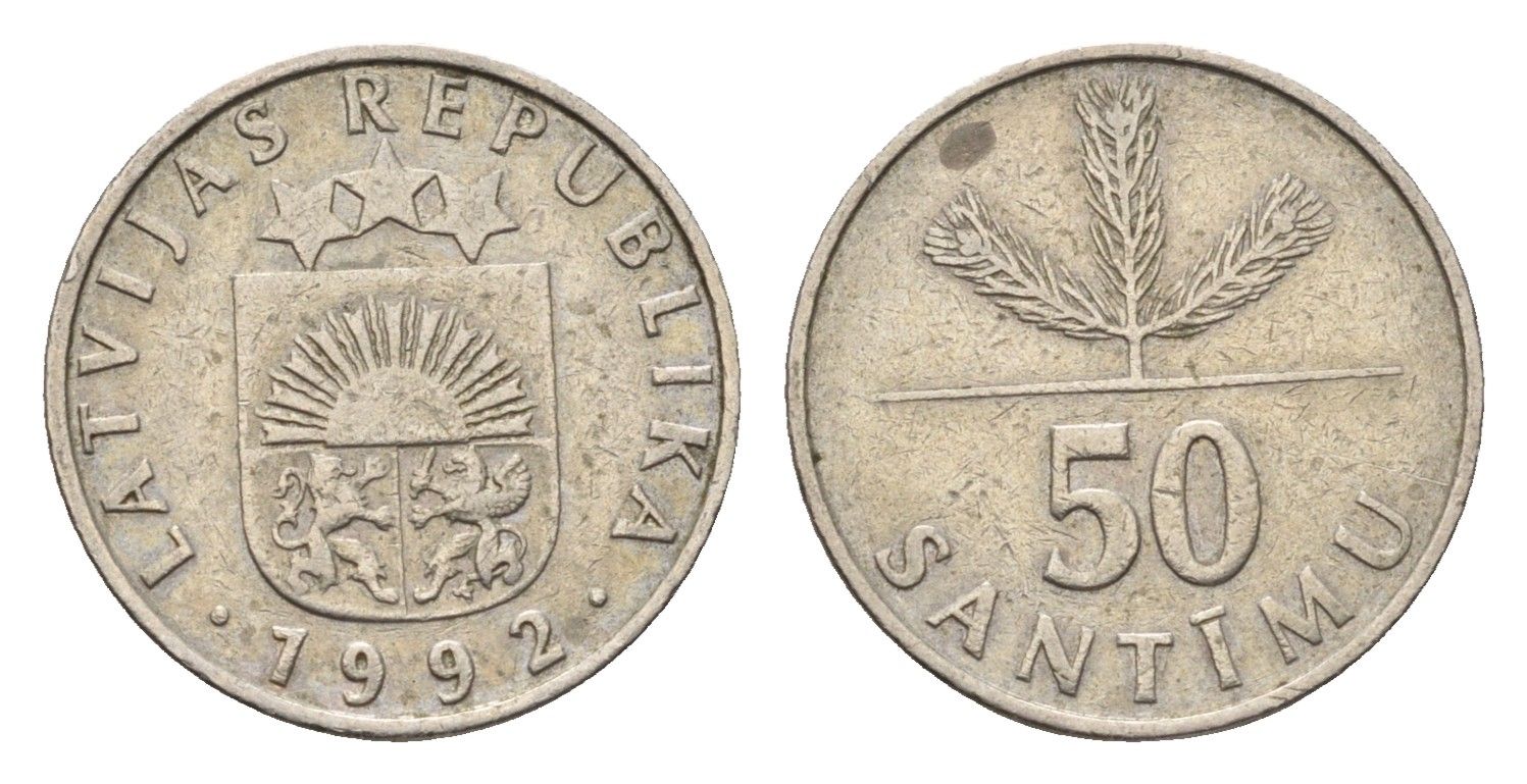 Латвия 50 сантимов 1992 KM 13 медно-никель 4689-754