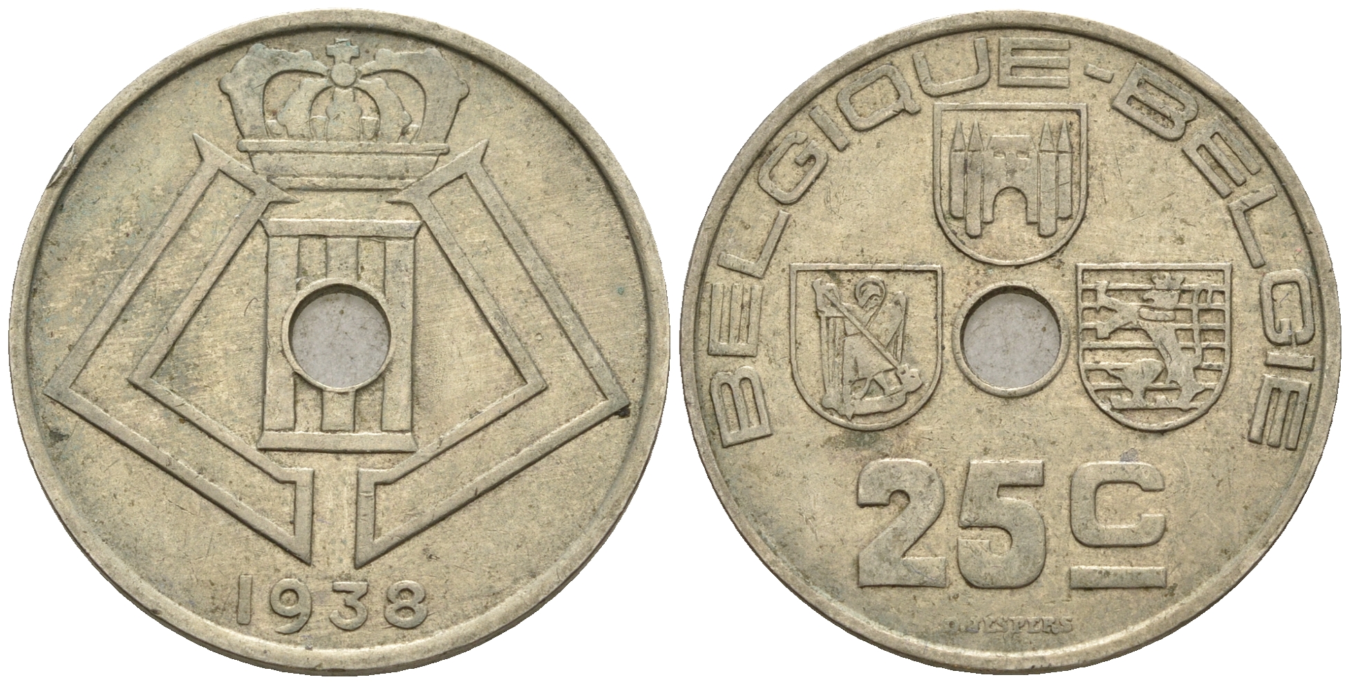 Бельгия 25 сантимов 1938 Belgique - Belgie KM 114.1 никель латунь 259-1027