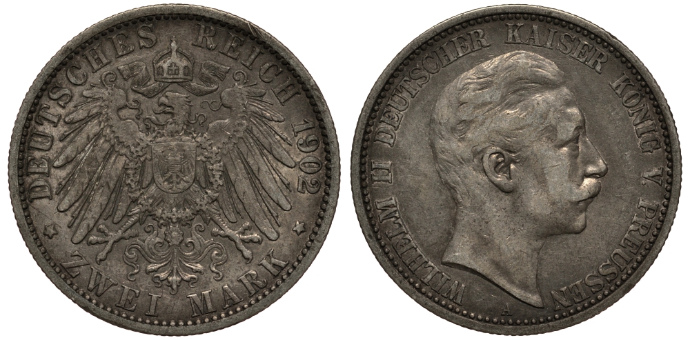 Пруссия 2 марки 1902 A, Вильгельм II (1888-1918) J.102, Weege 101, KM 522 серебро 3711-722