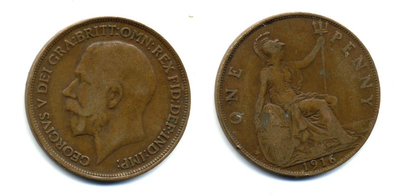 Великобритания 1 пенни 1916 Георг V (1910-1936) КМ 810, Spink 4051 бронза 47-126
