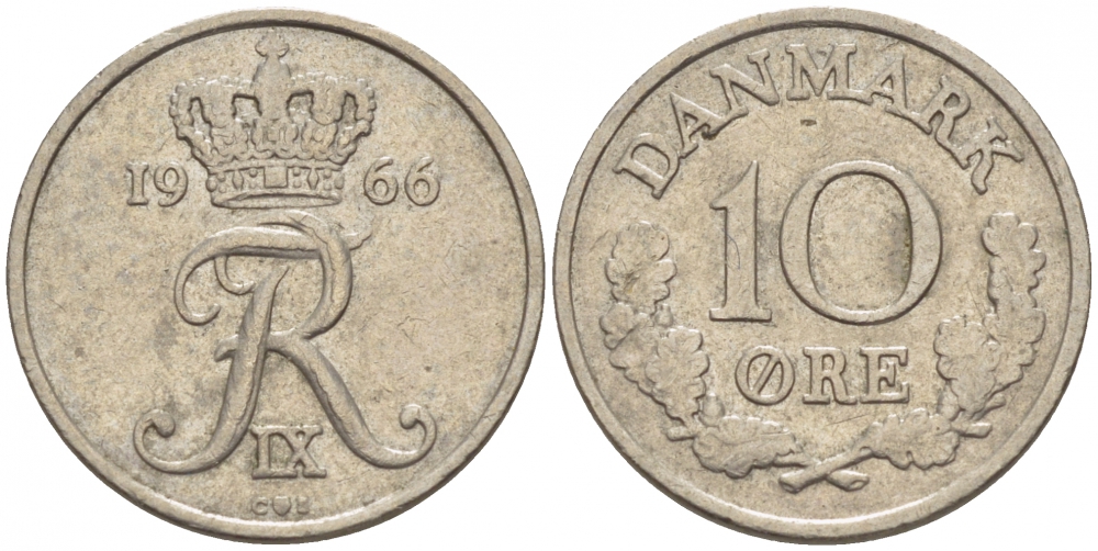 Дания 10 эре 1966 С; S, Фредерик IX (1947-1972) KM 849.1 медно-никель 3309-152