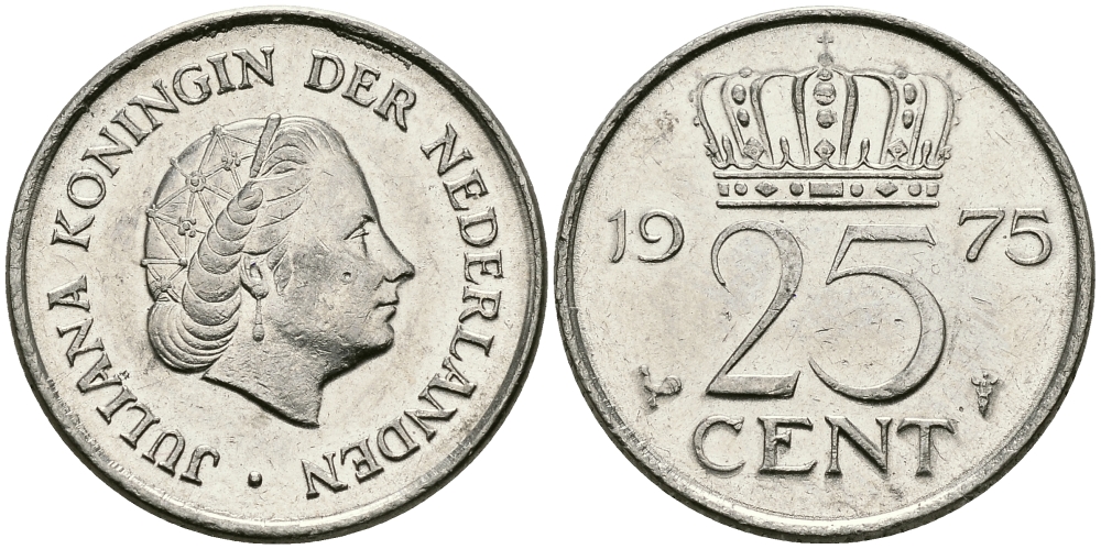 Нидерланды 25 центов 1975 Юлиана (1949-1980) KM 183 никель 96-241