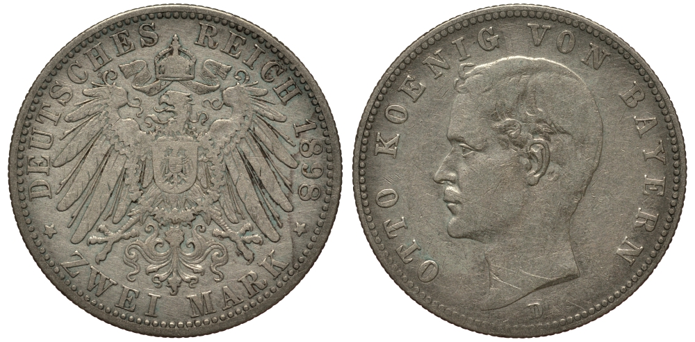 Бавария 2 марки 1898 D, Отто (1886-1913) Weege 44, J. 45, KM 511 серебро 3711-1823