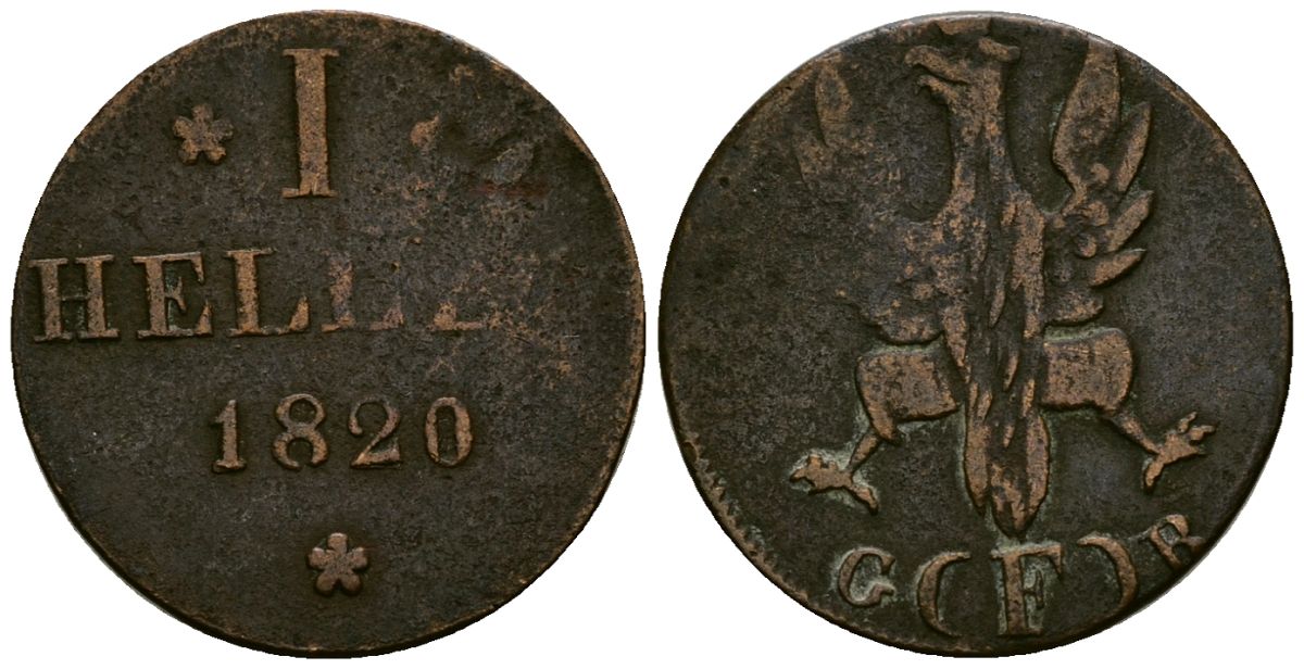 Франкфурт 1 геллер 1820 GB AKS 30, Jaeger 10, KM 301 медь 4548-1113