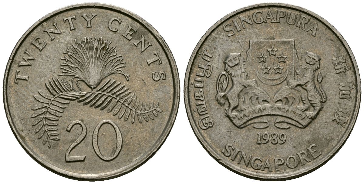 Сингапур 20 центов 1989 KM 52 медно-никель 4167-957
