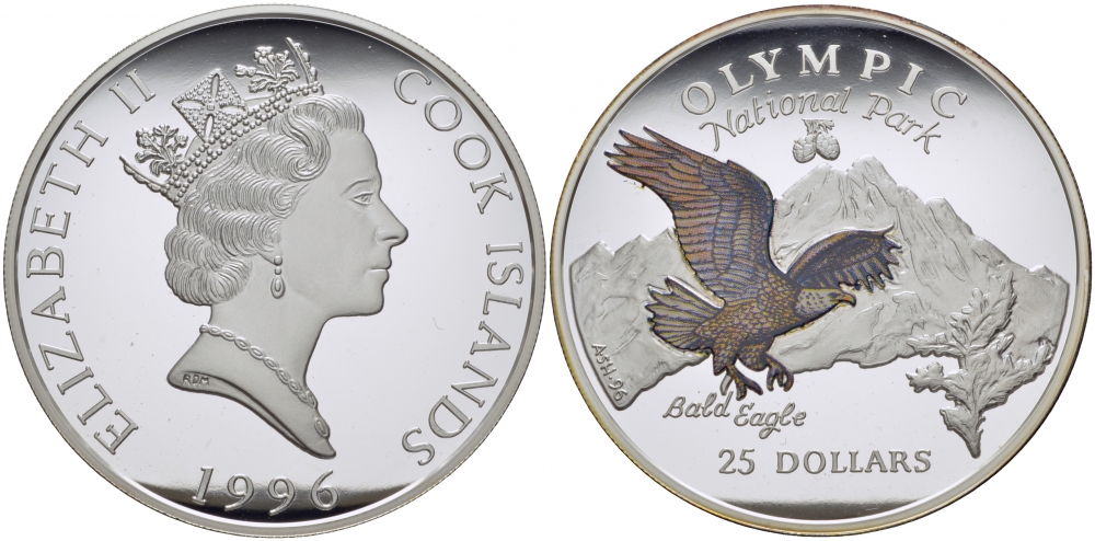 ОСТРОВА КУКА 25 ДОЛЛАРОВ 1996 ОРЕЛ, НАЦИОНАЛЬНЫЕ ПАРКИ, ЦВЕТНАЯ ЭМАЛЬ, ТИРАЖ 1000 ЭКЗ., ВЕС 155,51 ГР., 5 УНЦИЙ KM 289 серебро PROOF 01-019-22-1