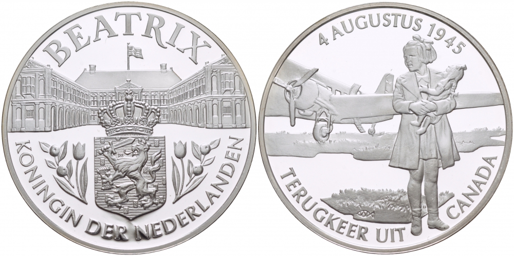 Нидерланды медаль ND королева Беатрикс (1980-2013), 4 августа 1945 года, возвращение из Канады, диаметр 38,5 мм.  серебро  PROOF  11-153-25