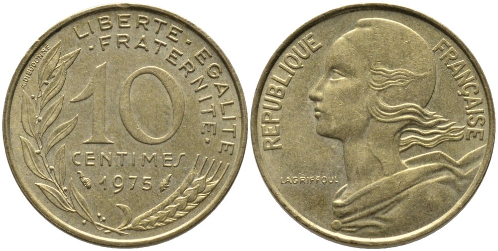 ФРАНЦИЯ 10 САНТИМОВ 1975 ТИП MARIANNE KM 929 медь алюминий никель 99-1133