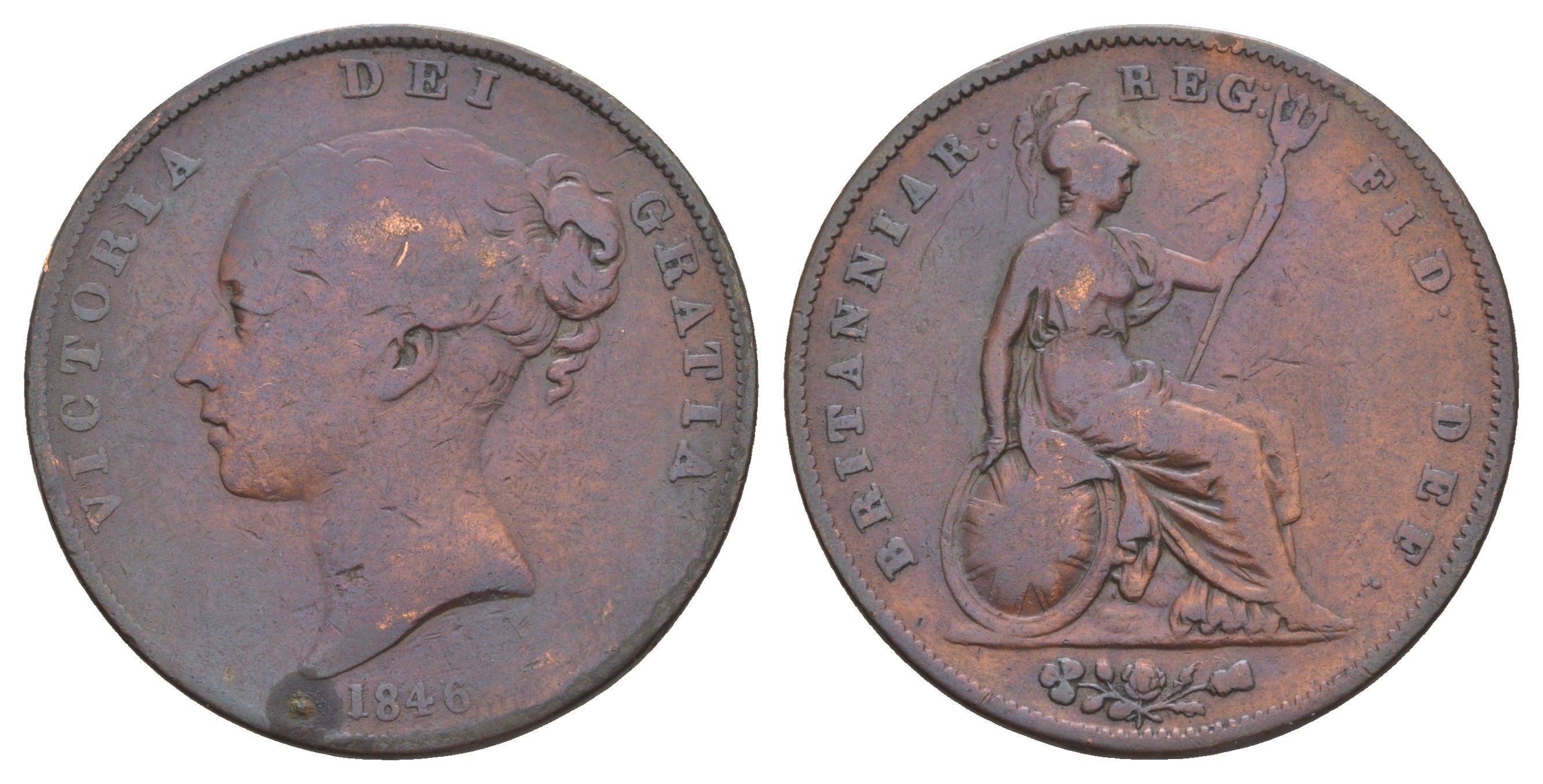 Великобритания 1 пенни 1846 Виктория (1837-1901), редкий год KM 739, Spink 3948 бронза 1520-1143